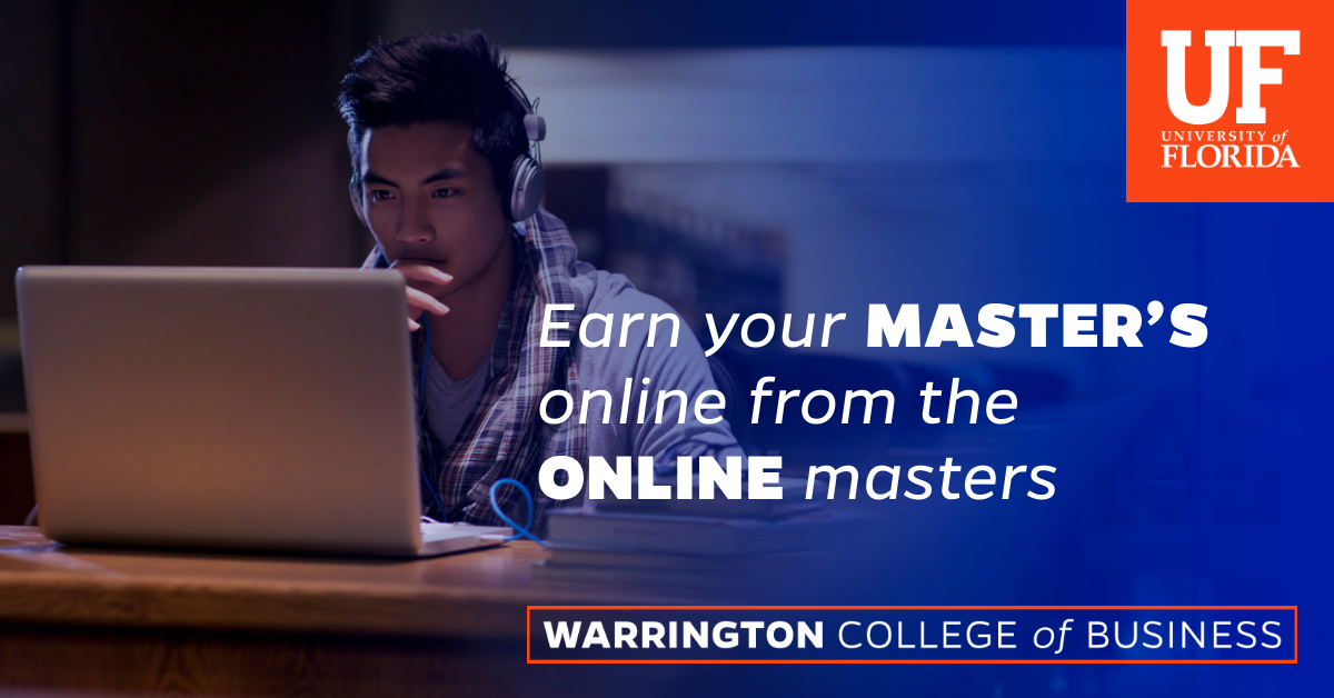 Earn your master's online from the online masters. UF Warrington College of Business. Image shows a student wearing headphones and focusing on the laptop screen in front of him
